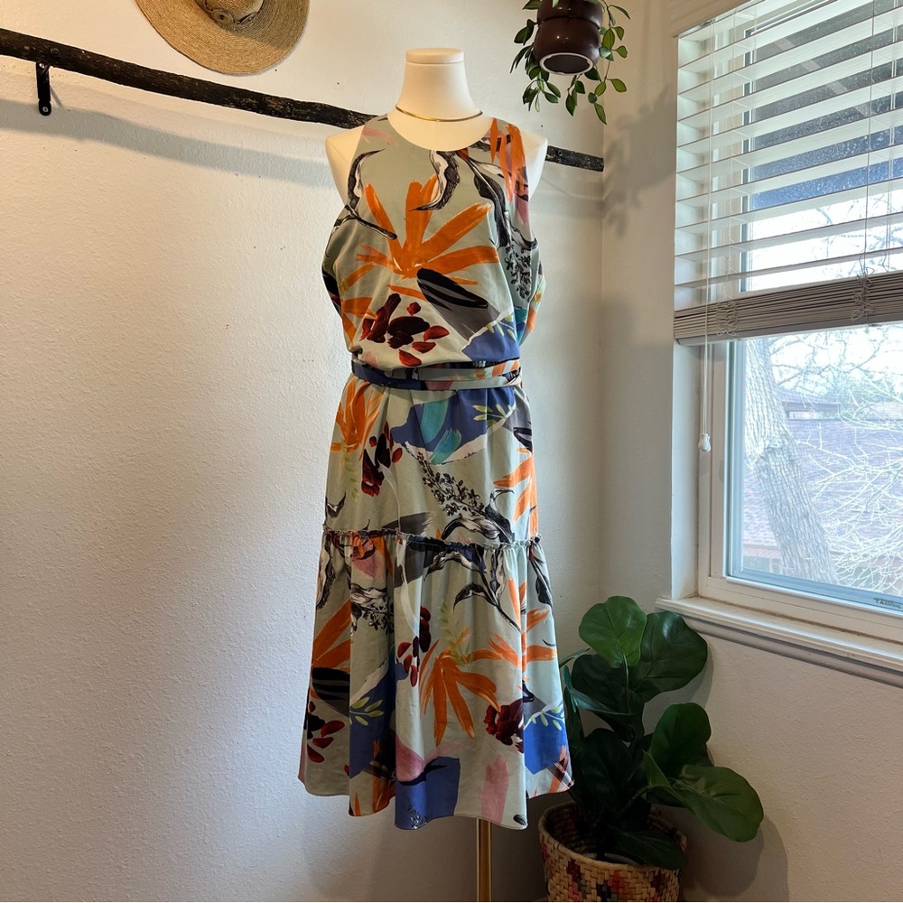 Slate & Willow Botanical Jungle Print Wrap Midi Tiered Sleeveless Dress
